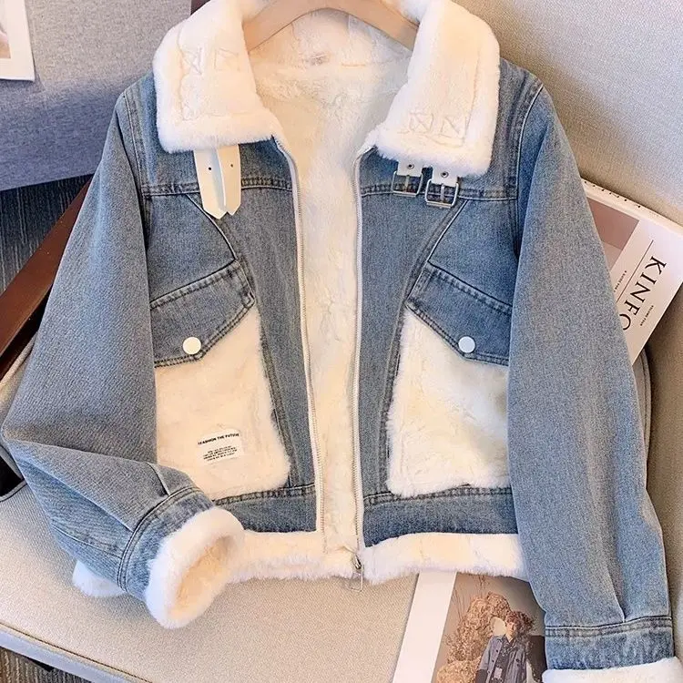 Áo Khoác Denim, Lót Lông Cừu, Dày Dặn, Dành Cho Nữ, Hàng Mới Về 2024, Phổ Biến Vào Mùa Thu Và Mùa Đông, Cỡ Nhỏ Và Dáng Rộng Vừa Vặn, Dài Ngắn, Thích Hợp Mặc Mùa Đông