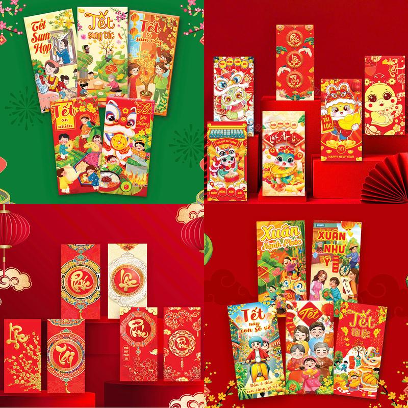 Bao Lì Xì Tết 2025 Set 100 Cái, Chất Liệu Giấy C150 Dày Loại 1, Kích Thước 16x8cm, Nắp 1.5cm