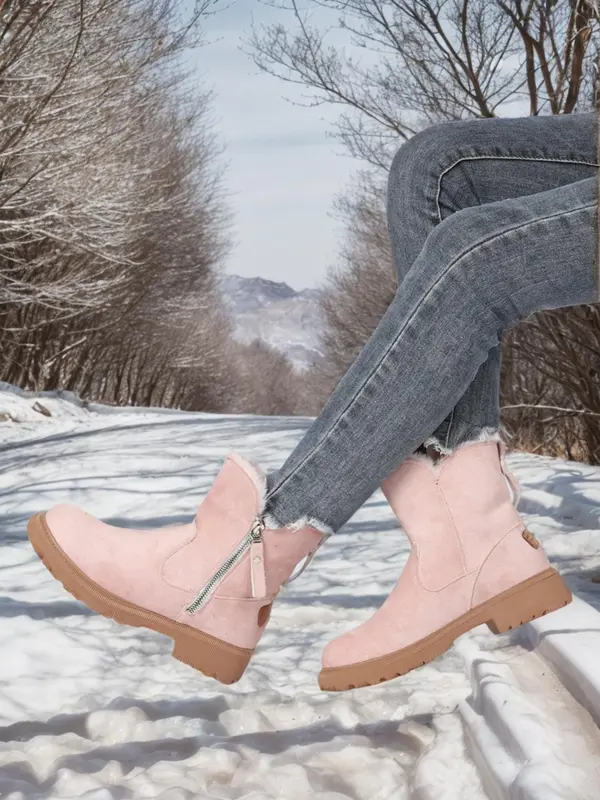 Women's Solid Color Zipper Side Warm Snow Boots, Casual Sporty Plush Ankle Boots for Outdoor Wear, Non-slip Outdoor Shoes for Women & Girls 6