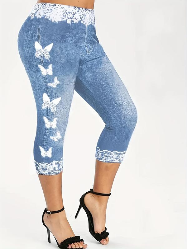Women's Butterfly & Denim-Effect Print Elastic Waist Capri Leggings, Casual Comfy High Waist Skinny Pants for Daily Wear, Ladies Summer Bottoms 0
