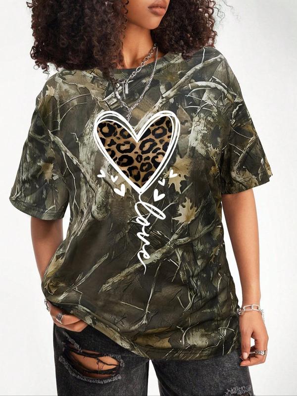 Women's Heart & Leopard Print Drop Shoulder Tee, Casual Half Sleeve Round Neck T-Shirt for Daily Wear, Ladies Clothes for All Seasons, Graphic Tees Women, Women's Clothing, Womenswear 7