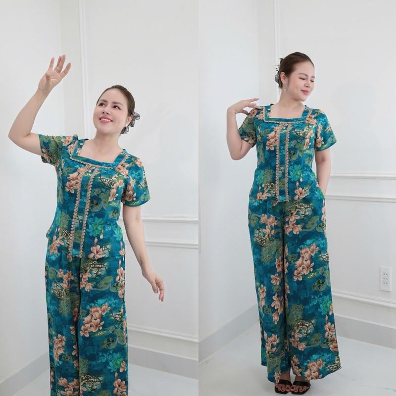 Set đồ trung niên cách điệu đồ bộ cho mẹ,áo kiểu quần dài ống rộng chất lụa nhập cao cấp Ms47 Nữ Women Top Ong Voi