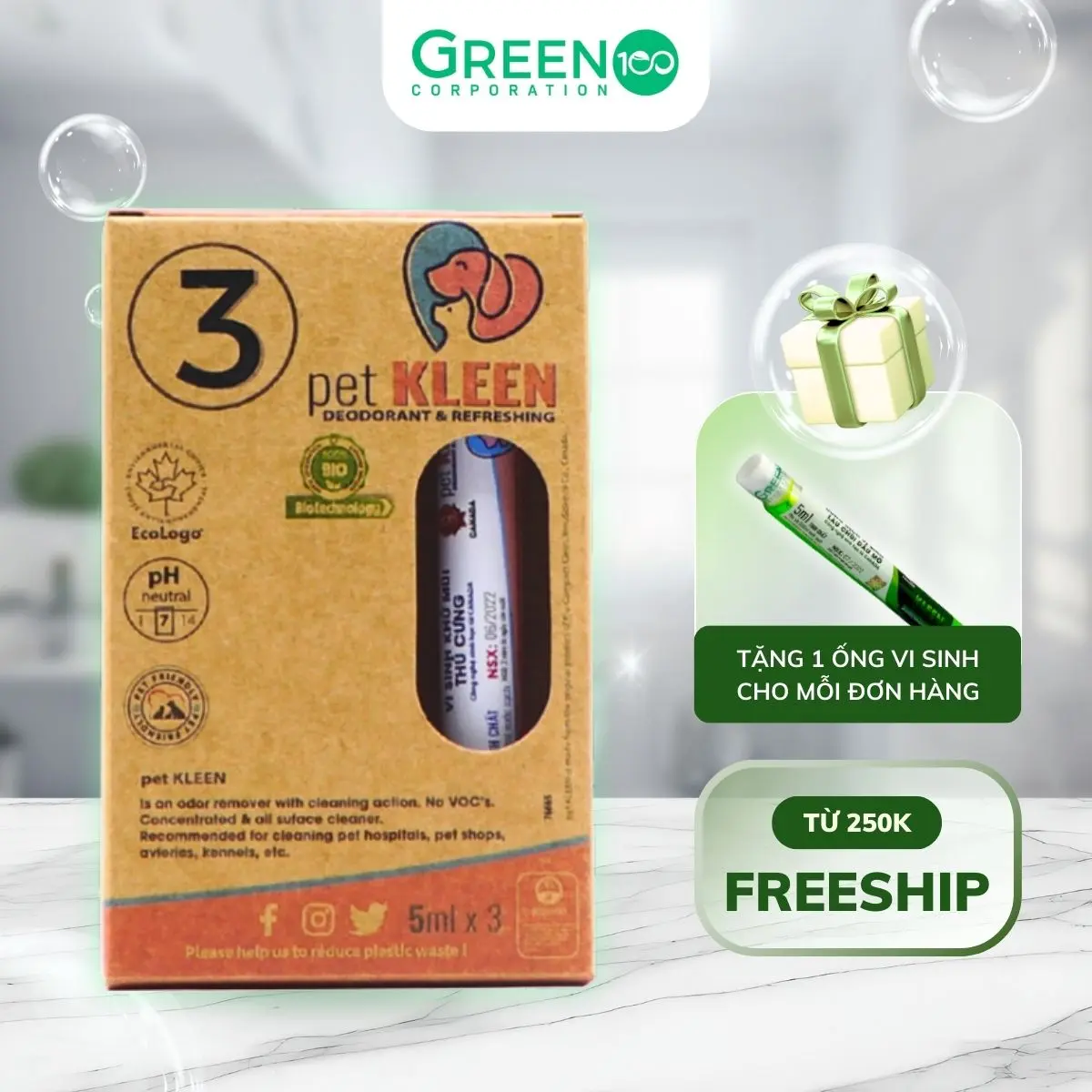 Hộp 3 Ống Dung Dịch Vi Sinh Khử Mùi Thú Cưng Pet Kleen Vệ Sinh Chuồng Thỏ Khay Cát Mèo An Toàn Cho Da 5ml
