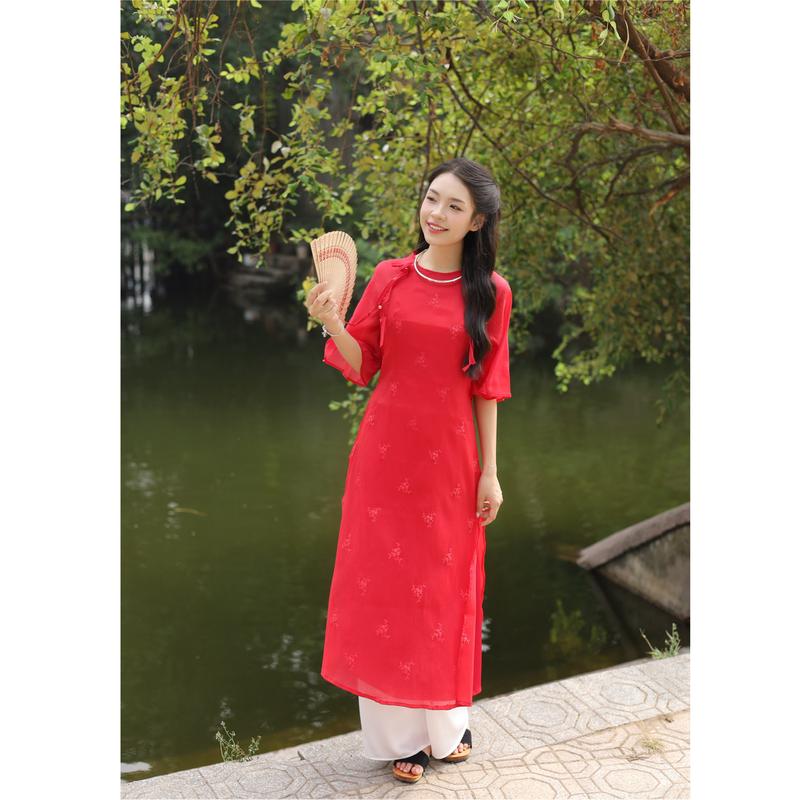 Áo Dài HƯƠNG THẢO Nữ Cách Tân Vân Hoa Đính Nơ Xinh Xắn 29feb.closet Chất Tơ Phối Lụa Mềm Mát S258 Nữ Top