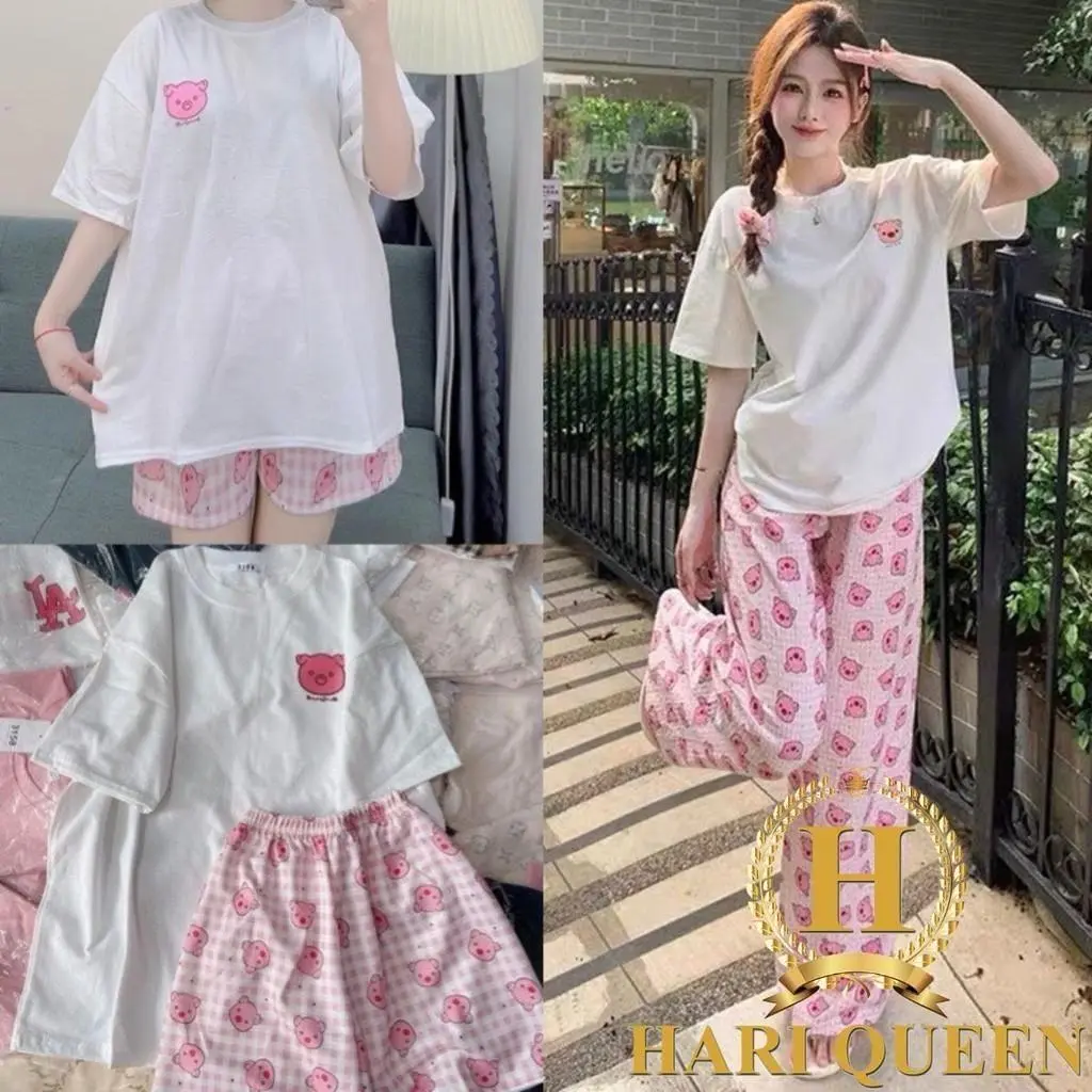 Sét bộ áo phông logo lợn + quần dài quần đùi heo hồng cá tính HARIQUEEN Nữ Women
