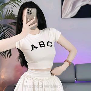 Áo Thun Croptop Thun Borip Form Basic Ôm Body In Chữ "ABC", Kích Cở S M L, Nữ Women Cổ Tròn Dáng Ngắn