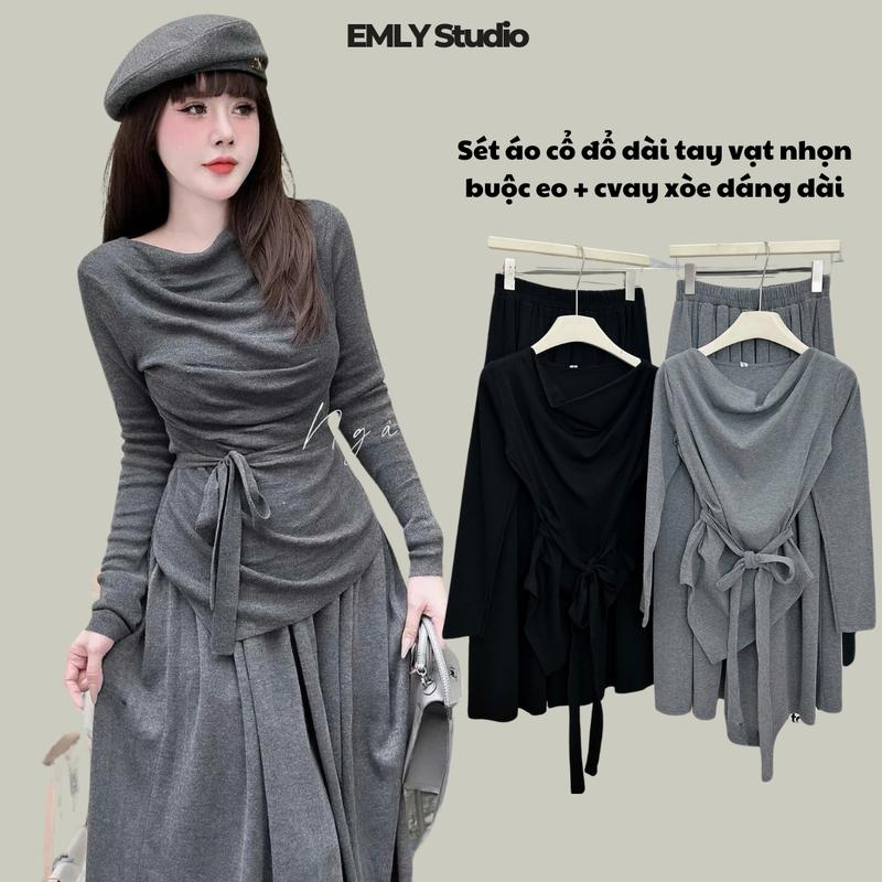 EMLYvn - Set Áo Cổ Đổ Dài Tay Vạt Nhọn Buộc Eo Kèm Chân Váy Xòe Dáng Dài, Set Bộ Thun Tăm Mùa Thu Đông