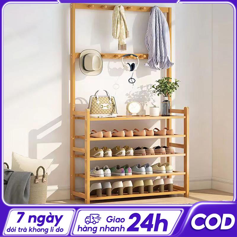 Aihome Shop Kệ Giày Dép Kết Hợp Chỗ Treo Đồ Đa Năng Tiện Lợi ,Giá Kệ Chữ L 4 Tầng Gỗ Tre Phong Cách Hiện Đại  Treo Quần Áo, Nón, Túi Xách, Để Giày Dép chổi tàu dừa omamori himari kệ giày dép đa năng kệ để giày dép kệ giày dép đa năng kệ đựng giày dép