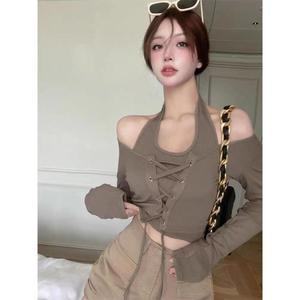 เสื้อแขนยาว สไตล์ Y2k-เกาหลี สาวฮอต ดีไซน์เซ็กซี่ ฤดูใบไม้ร่วง เชือกแขวนคอ เอว สายคาด เก๋และเพรียวบาง ปลอมสองชิ้น สำหรับผู้หญิง