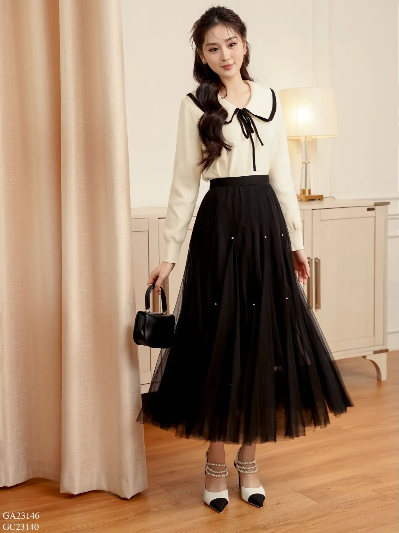 Chân váy nữ voan xòe dáng dài đính ngọc trai TIINSTORE GC23140