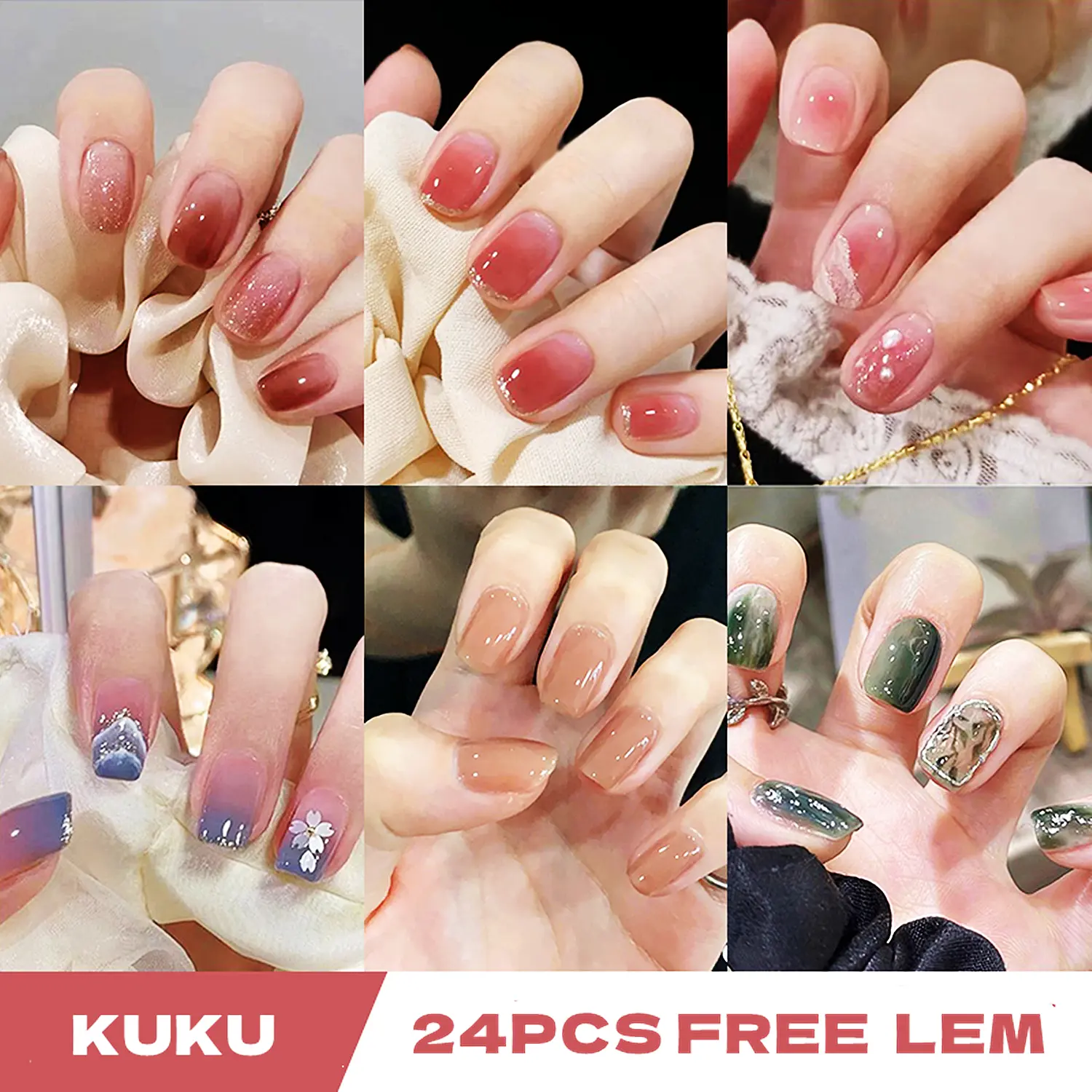 COD kuku palsu nail art free lem wisuda aesthetic 24pcs lengkap tangan Polish Cat Kutek