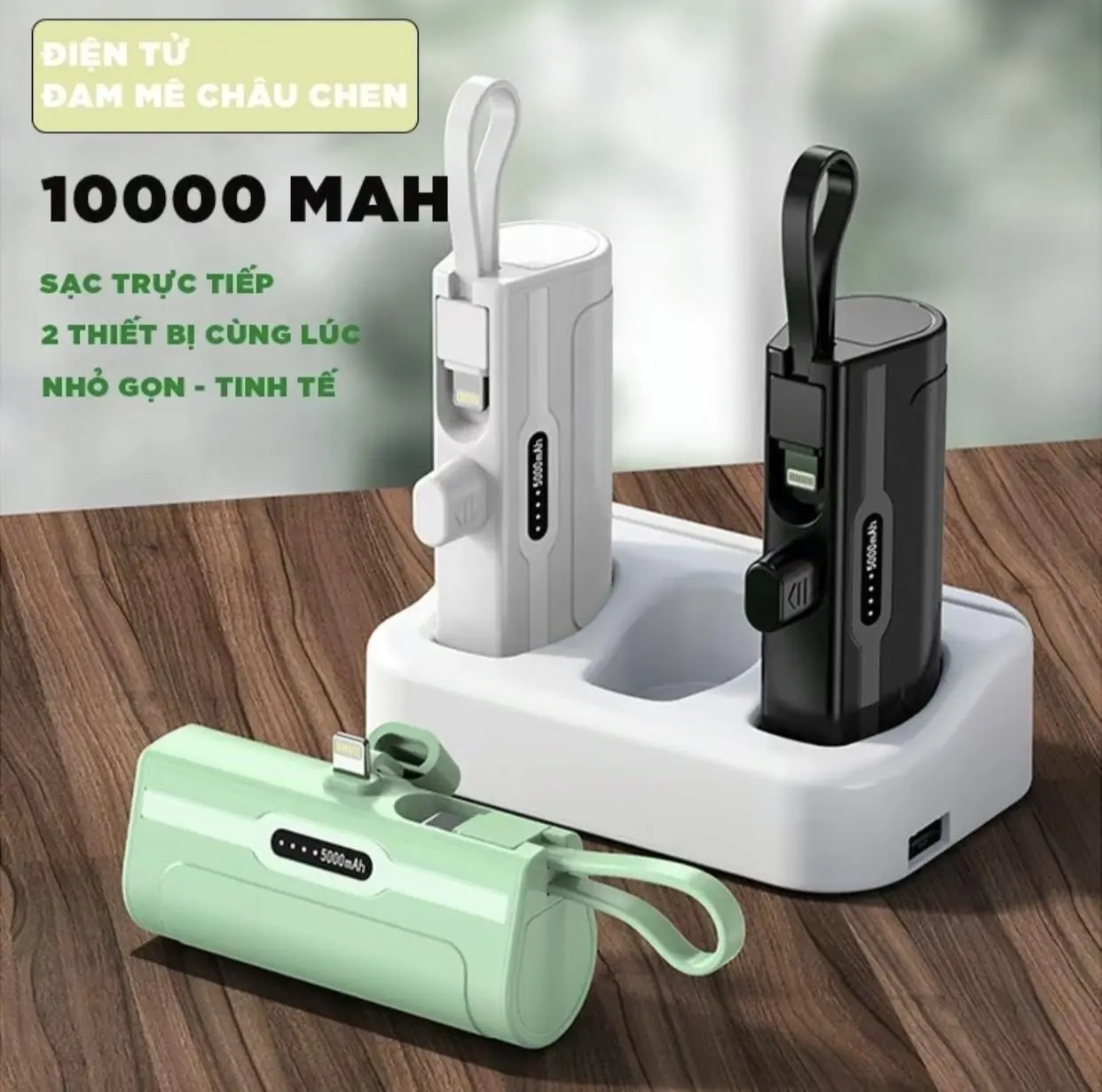 Pin Dự Phòng Mini 10000mAh, Tích Hợp Cáp Type-C và Lightning, Pin Hiệu Suất Cao, Thiết Kế Cầm Tay, Kích Thước Túi, Sạc Di Động Tiện Lợi, Tích Hợp Giá Đỡ Đèn
