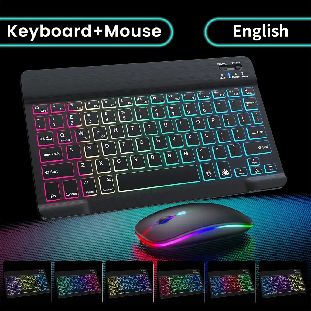 Bộ bàn phím Bluetooth không dây mini mới dành cho Android, iOS Bàn phím chuột không dây có đèn LED RBG