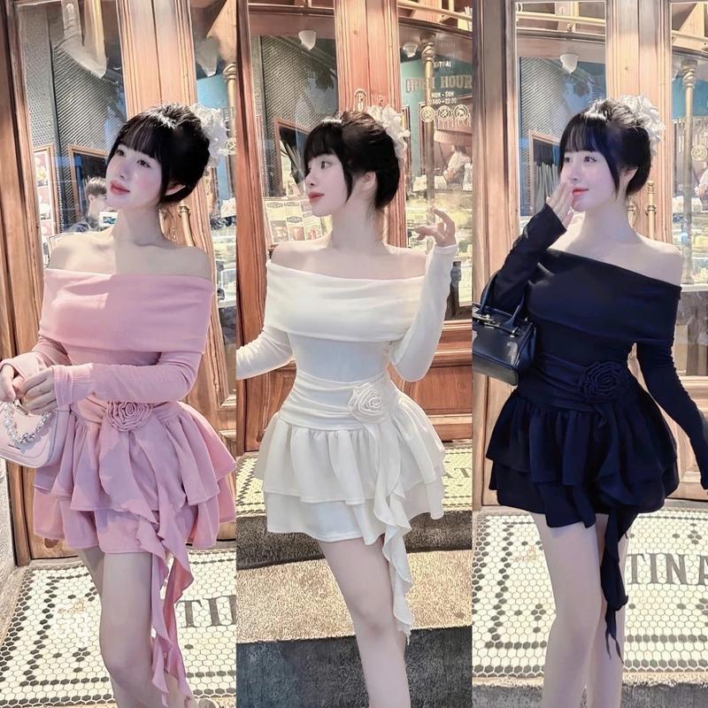 Đầm bẹt vai tay dài form ngắn hoa eo tua rua KÈM QUẦN kho sỉ Hải Chuyền Đ621