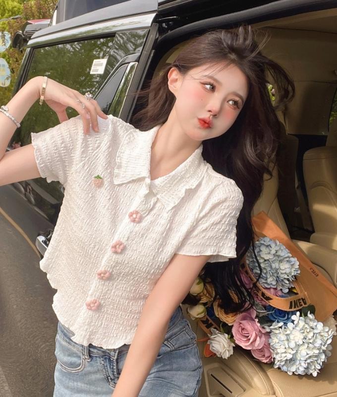 Product Introduction of Áo Sơ Mi Ngắn Cổ Búp Bê, Dành Cho Nữ, Phong Cách 2024, Dệt Kim, Bất Đối Xứng, Thiết Kế Hoa Ngọt Ngào Cô Gái Nóng Bỏng, Thích Hợp Cho Mùa Hè, Áo Sơ Mi ngắn Tay Top Women 9