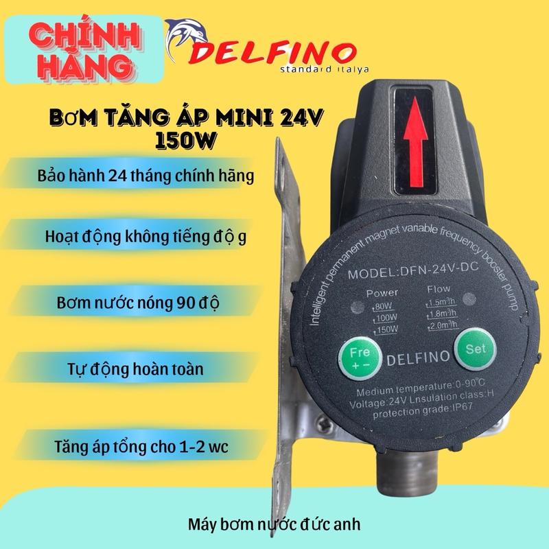 Máy bơm tăng áp 24v 150w thương hiệu Delfino không tiếng ồn bơm nước nóng 100 độ, nhỏ gọn tiện lợi