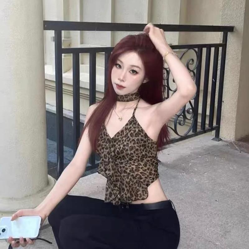 T16 – Áo 2 dây họa tiết beo cổ khoét V có dây quấn cổ style tua rua độc lạ (Vải voan mỏng thoáng mát) 3