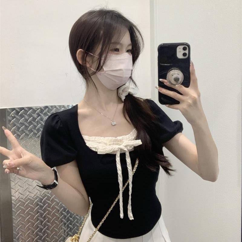 Áo croptop coquette acubi kiểu brandy nữ baby tee nơ màu hồng xanh đen bánh bèo thun tăm CT088