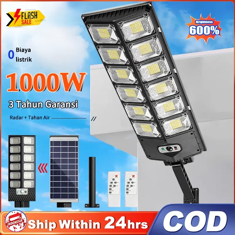 Benih Lampu Tenaga Surya 1000W Lampu Jalan LED Tenaga Surya IP67 Luar Ruangan Tahan Air / Sensor Gerak / Pencahayaan 24 Jam 0 Biaya Listrik