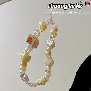 Viral TikTok】Rantai Mudah Alih Bintang 🎀 Warna Krim & Manik Tangan - Loket Kamera Jantung Laser + Tali Anti-Hilang (Untuk Kanak-kanak Perempuan Comel!)   Charms Phone Phone Straps beaded  keychain