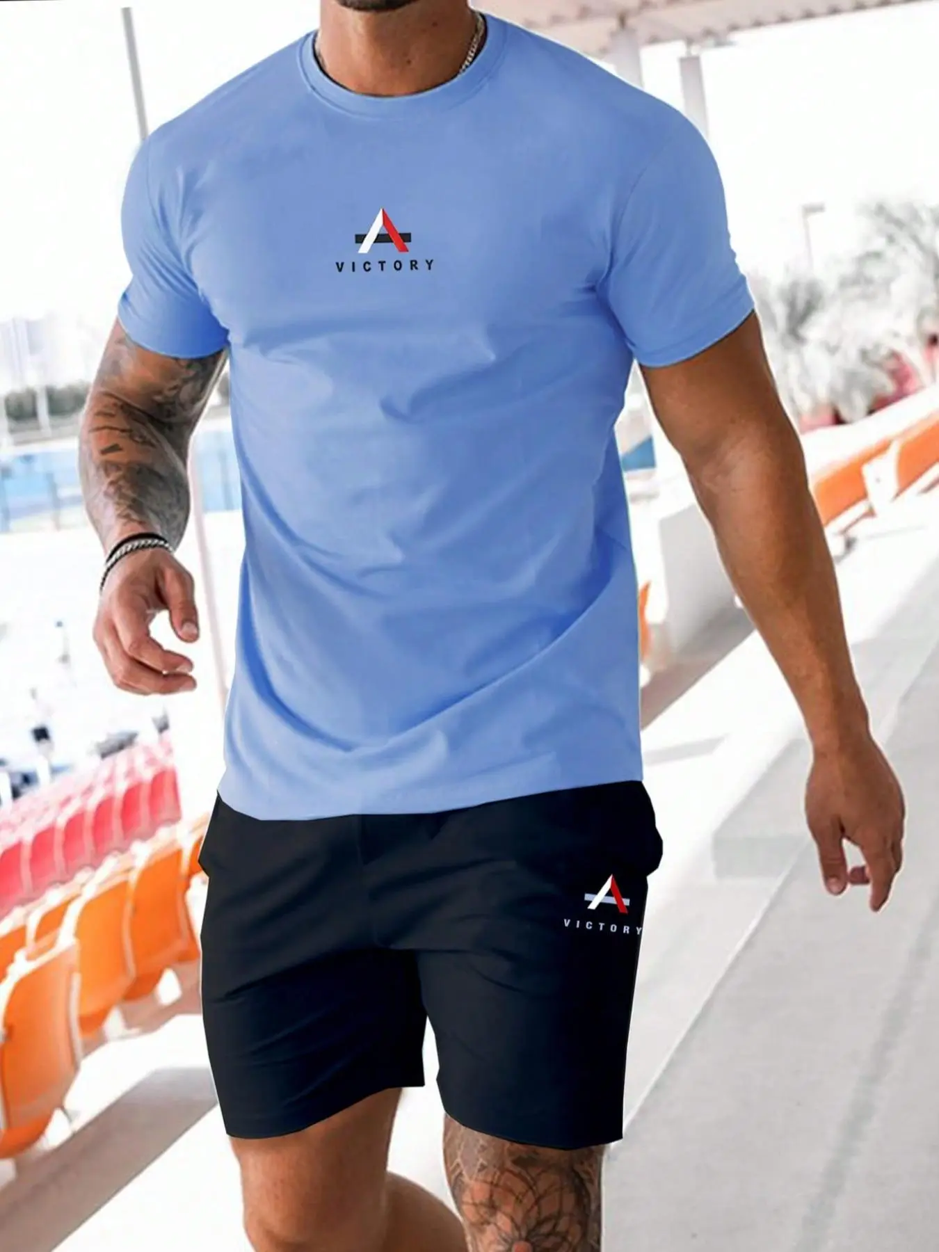 Two-Piece Set Men's Letter Print Tee & Drawstring Waist Shorts Set, Crew Neck Short Sleeve T-Shirt & Track Shorts, Casual Top & Bottoms, Men Clothes Set for Summer