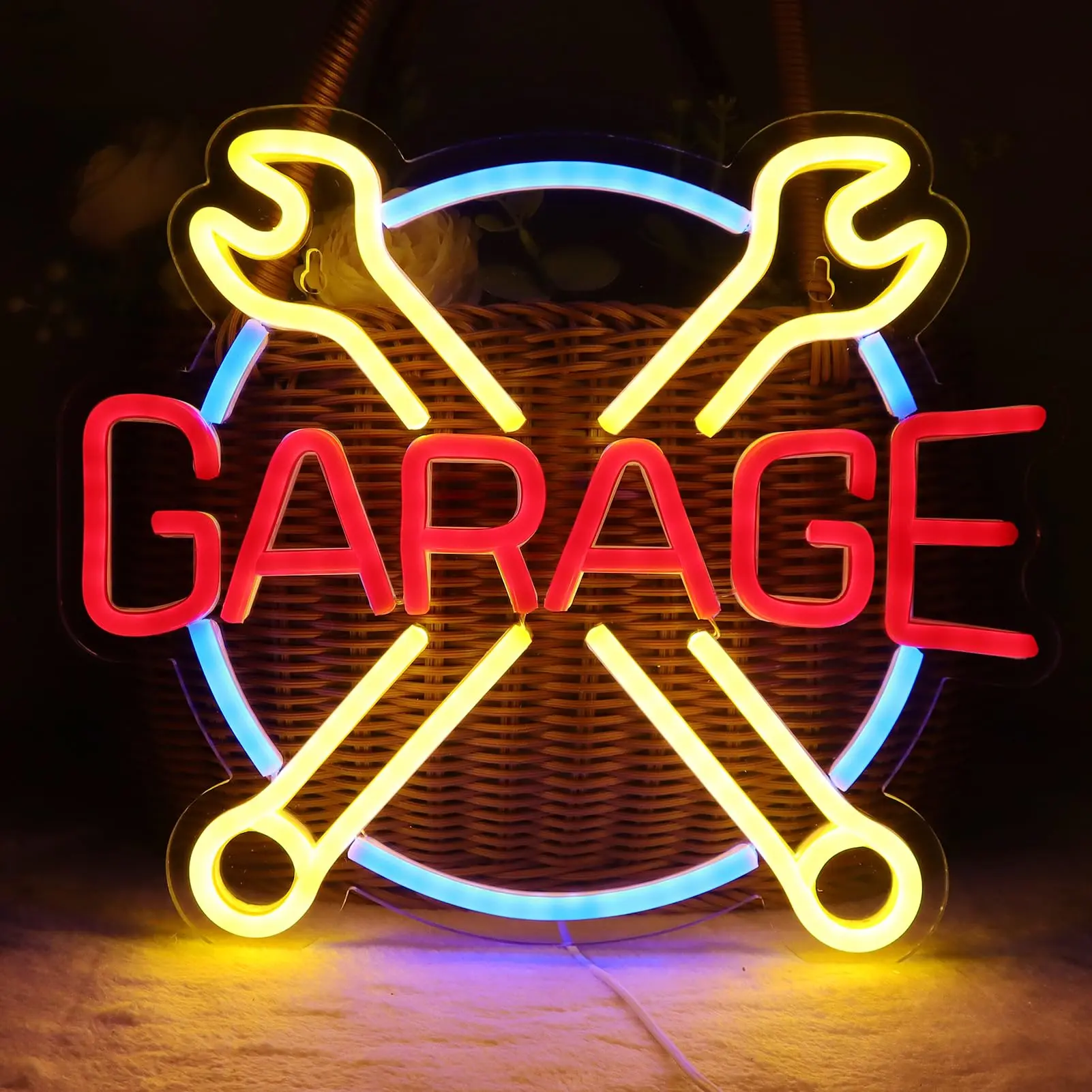 Garage Letter & Wrench Design Neon Sign Light, USB Powered LED Neon Light, Creative Ambient Light for Car Garage Shop Gaming Room Decor