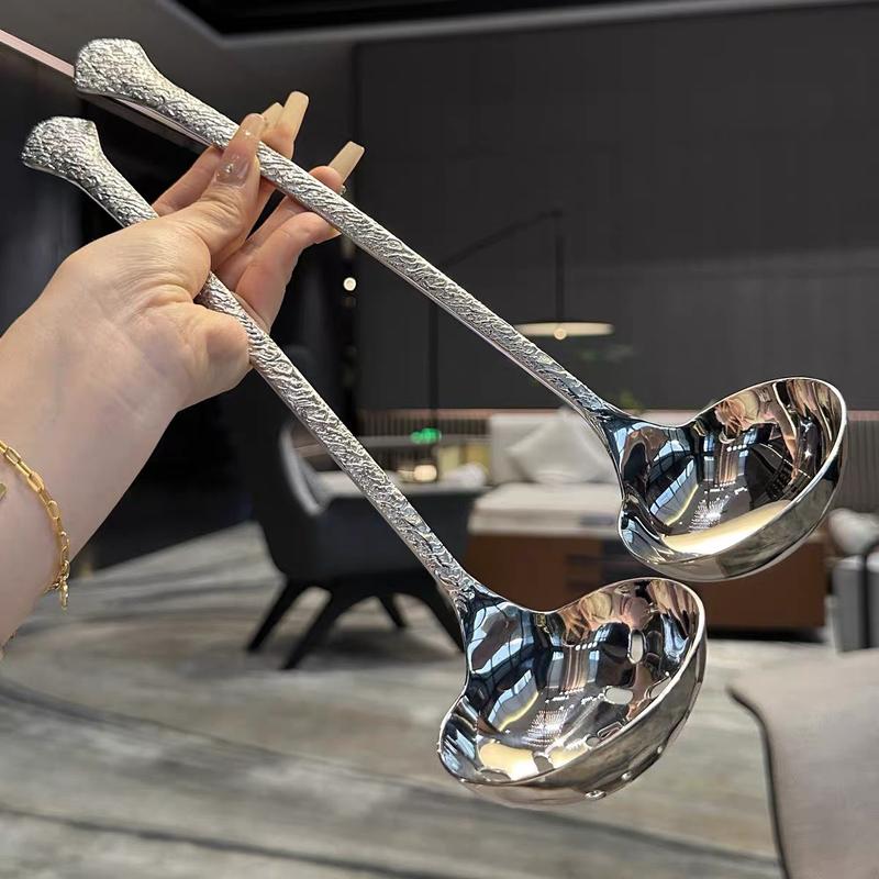 Product Introduction of Cặp muôi trơn muỗng thủng múc lẩu soup inox 304 cán dài chống nóng bỏng tay cầm dập vân 1