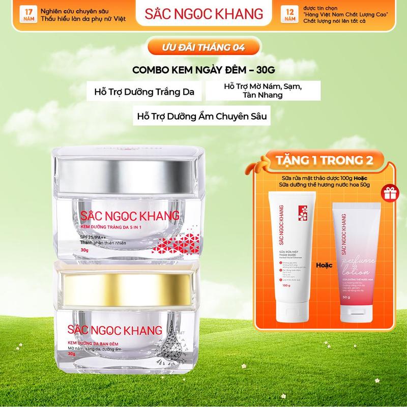 [Tặng Sữa Rửa Mặt 100g] Combo Kem Hỗ Trợ Dưỡng Sáng Da Sắc Ngọc Khang [30G] - Kem Ngày Đêm Dưỡng Ẩm Hỗ Trợ Nếp Nhăn, Nám Sạm, Tàn Nhang