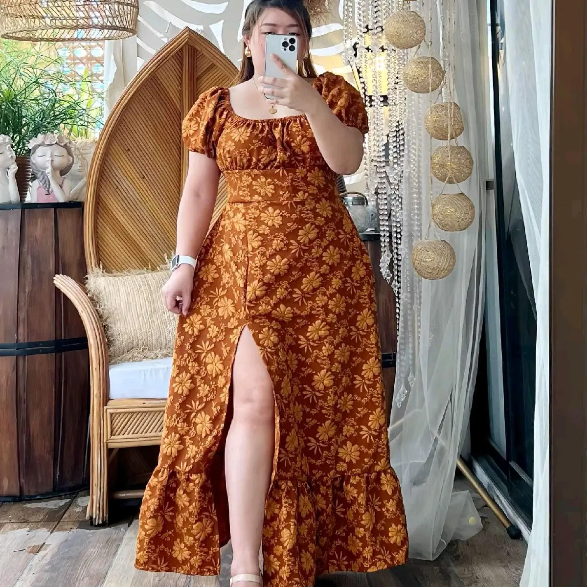 Elizabeth - Plus Size Puff Sleeve Eyelet Pocket Dress Casual Fit