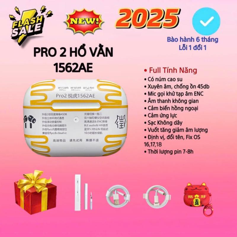 Tai Nghe P.ro2 Hổ Vằn 1562AE, Bản Cao Cấp, Chống Ồn Chủ Động 45db, Cảm Biến Hồng Ngoại, Cảm ứng Lực, Âm Thanh Không Gian, Micro Khử ồn ENC, Bluetooth 5.3 Nhét Tai, Kem, Tặng Ốp + Bộ Sạc 5V-1A+ Bộ Vệ Sinh Earphone, Bảo Hành 6 Tháng - Lỗi 1 Đổi 1