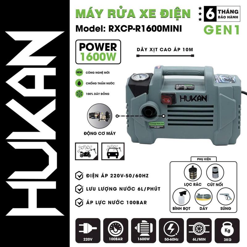 Máy rửa xe Hukan RXCP-R1600mini, Máy xịt rửa Công Suất 1600W, Lõi Đồng - Siêu Nhẹ Chỉ 3Kg