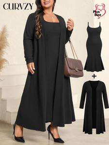 CURVZY Plus Size Two-piece Set Solid Long Sleeve Ribbed Cami Dress & Open Front Longline Outerwear, Casual Fashion Cozy Two Piece Outfits for Daily Outdoor Wear, Women's Clothing for All Seasons