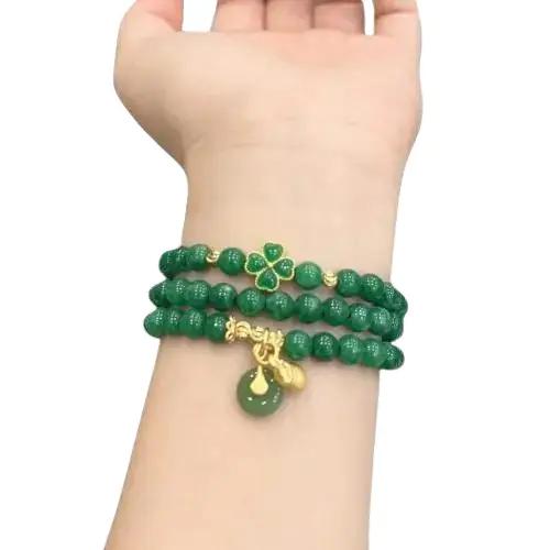 Vòng Đá Quấn Tay 3 Vòng Kết Hợp Đồng Điếu Và Cỏ 4 Lá ( 74 đến 77 Hạt) Phụ Kiện đeo tay vòng  chuỗi day  chuyenco la  Móc Khoá Voi