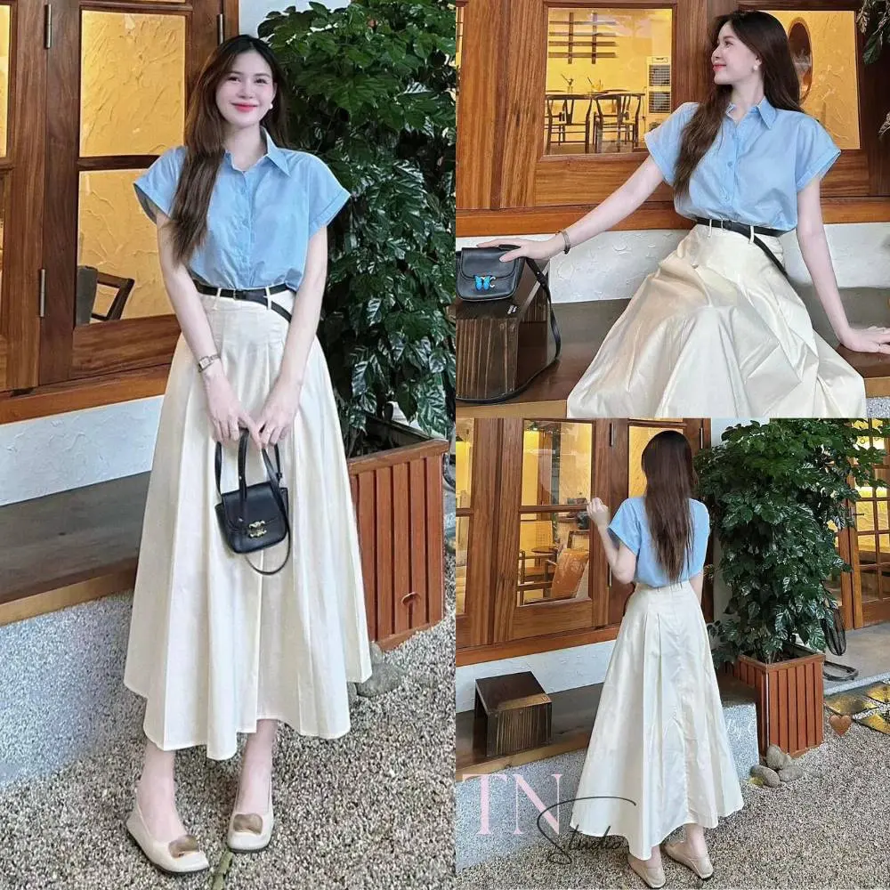 ชุดเซตกระโปรง สไตล์ผู้ดี เสื้อเชิ้ตแขนเบิ้นกระดุมหน้า+กระโปรงเอวเรียบสม็อคหลังมีซับใน A5189