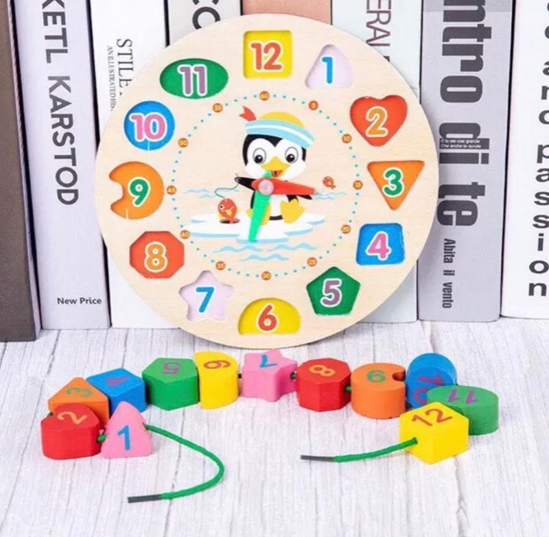 Đồ Chơi Thông Minh, Đồng Hồ Gỗ Xâu Hạt Cho Bé Rèn Luyện Kĩ Năng Học Hình Khối Và Số