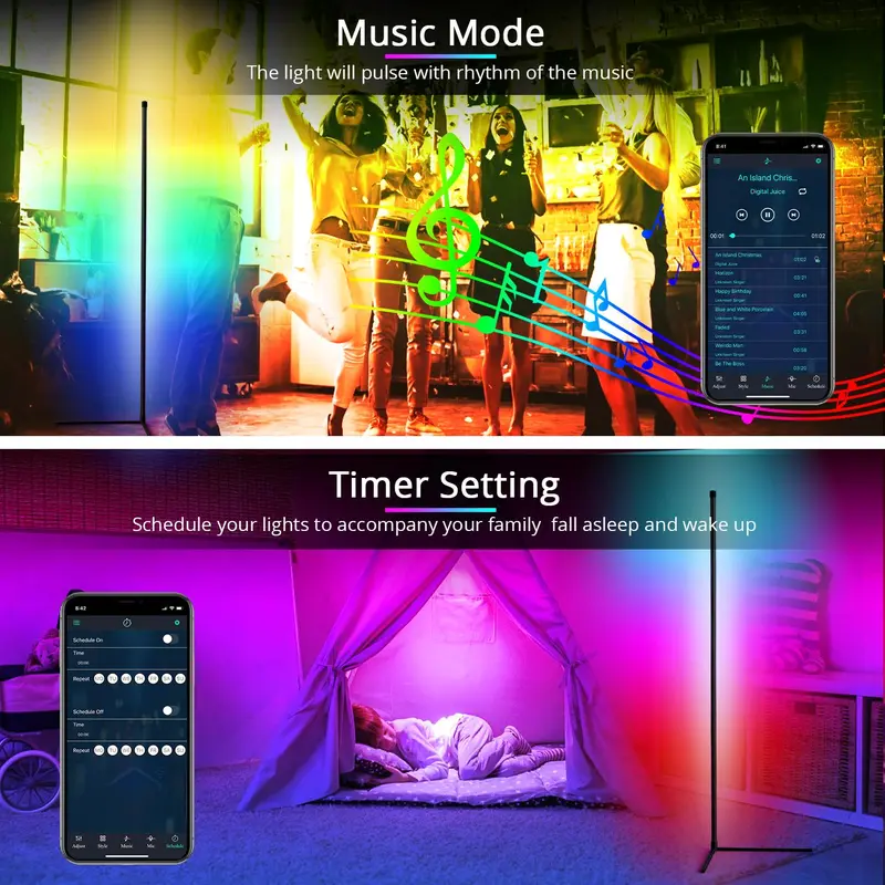 USB Powered LED Floor Lamp, RGB Color Changing LED Light with APP & Remote Control, Bluetooth-compatible Music Sync Ambient Lights For Home Gaming Room Decor 6
