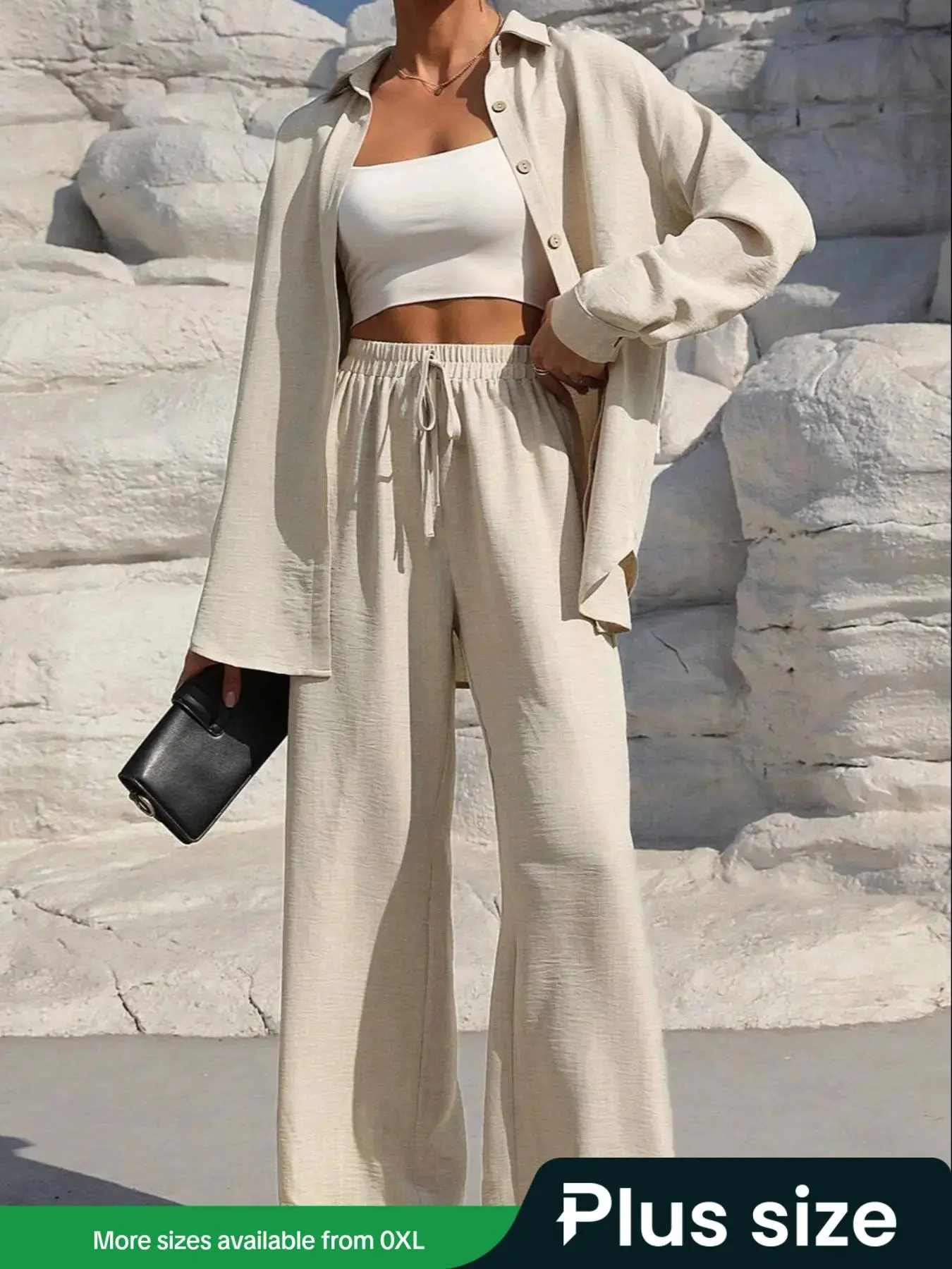 【Plus Size】 Two-Piece Set Solid Button Front Shirt & Drawstring Waist Pants Set, Casual Drop Shoulder Long Sleeve Top & High Waist Trousers for Daily Travel Wear, Women's Two-piece Outfits for Spring & Fall