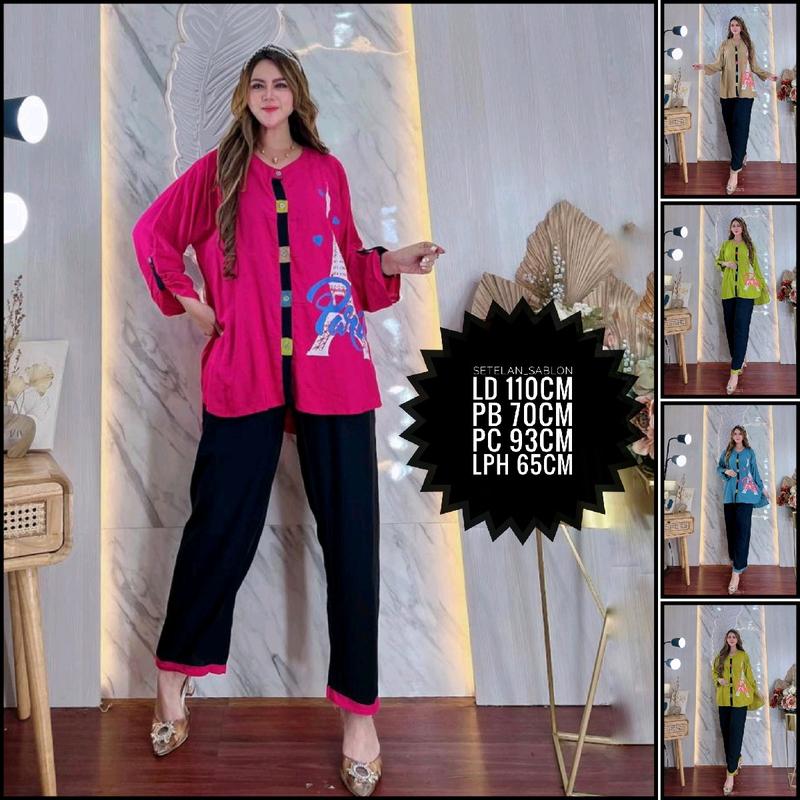 ONE SET SETELAN RAYON SABLON LENGAN 7/8 MOTIF PRS2 WARNA POLOS 3