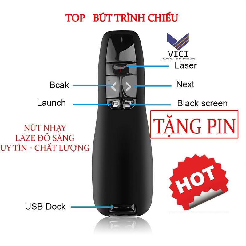 Bút dự án Laser PowerPoint, K400, Tần số 2.4G, Bút trình chiếu Bút Máy Chiếu, Màu Đen, Nút Nhạy, Phiên Bản Nâng Cấp 2024, Chỉ Có Màu Đen