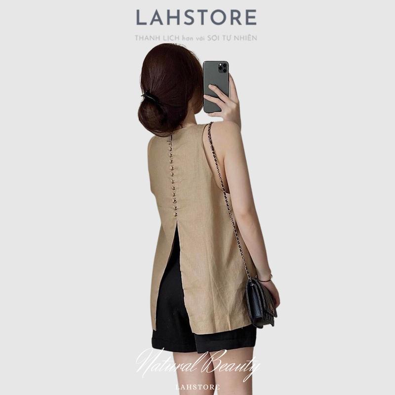 Áo sát nách nữ dáng yếm vải linen tưng Hàn LAHSTORE lưng xẻ sâu, cúc bọc (Trắng) Top 7