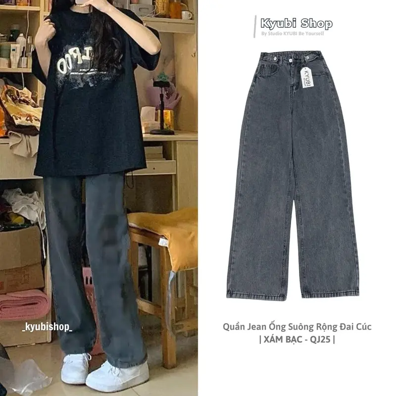 Quần jean nữ ống rộng lưng cao màu Xám Bạc phong cách Retro (Có Bigsize, Nhiều mẫu) - Quần jeans baggy suông Kyubi QJ25 Pants 0