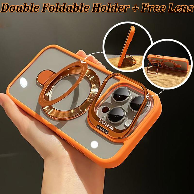 Giá Đỡ Có Thể Gập Lại Đôi, Ốp Trong Suốt Từ Tính Ống Kính Miễn Phí, Dành Cho iPhone 11, 12, 13, 14, 15, 16, Pro Max, Bao Gồm Ốp Lưng Cứng PC Bọc Toàn Bộ Chống Sốc, Tương Thích Với 14 / 15 / 16PLUS