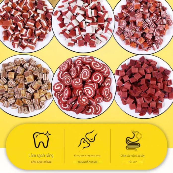 Product Introduction of Ngaupet- Đồ ăn thưởng cho chó (nhiều loại), Snack cho thú cưng ăn nhẹ bánh đa hương vị thịt bò, gà, phô mai viên thịt ngộ nghĩnh hấp dẫn giúp nghiền răng sạch răng gói 100g 6