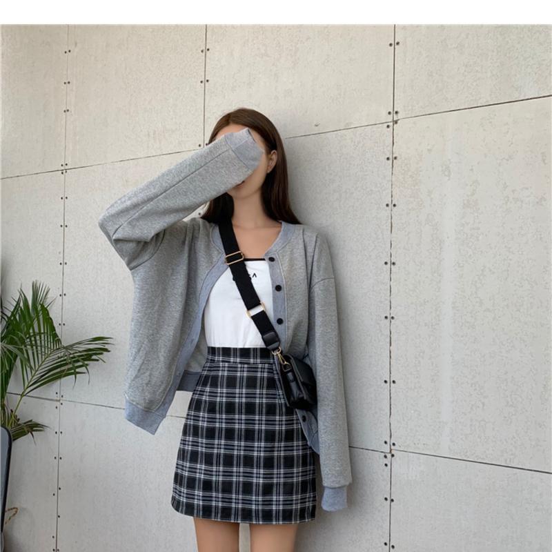 Product Introduction of Half length skirt, women's autumn outfit, new plaid bag buttacks half length skirt, black college style high waist slimming bag buttons A-line short skirt 9