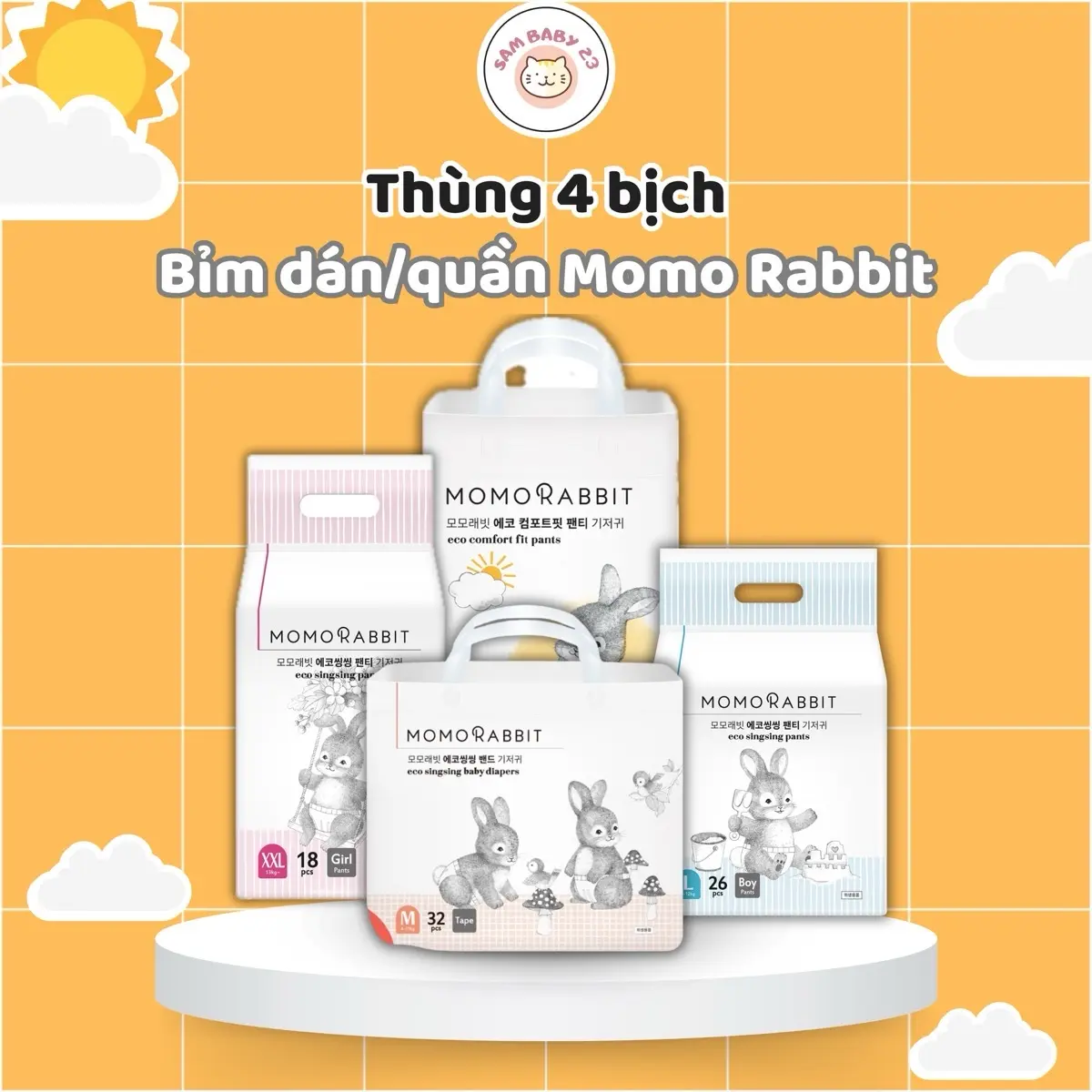 [THÙNG 4 BỊCH] Bỉm Quần/Dán Momo Rabbit Nội Địa Hàn Size S36/M32/L30/XL28/L28/XL22/XXL18