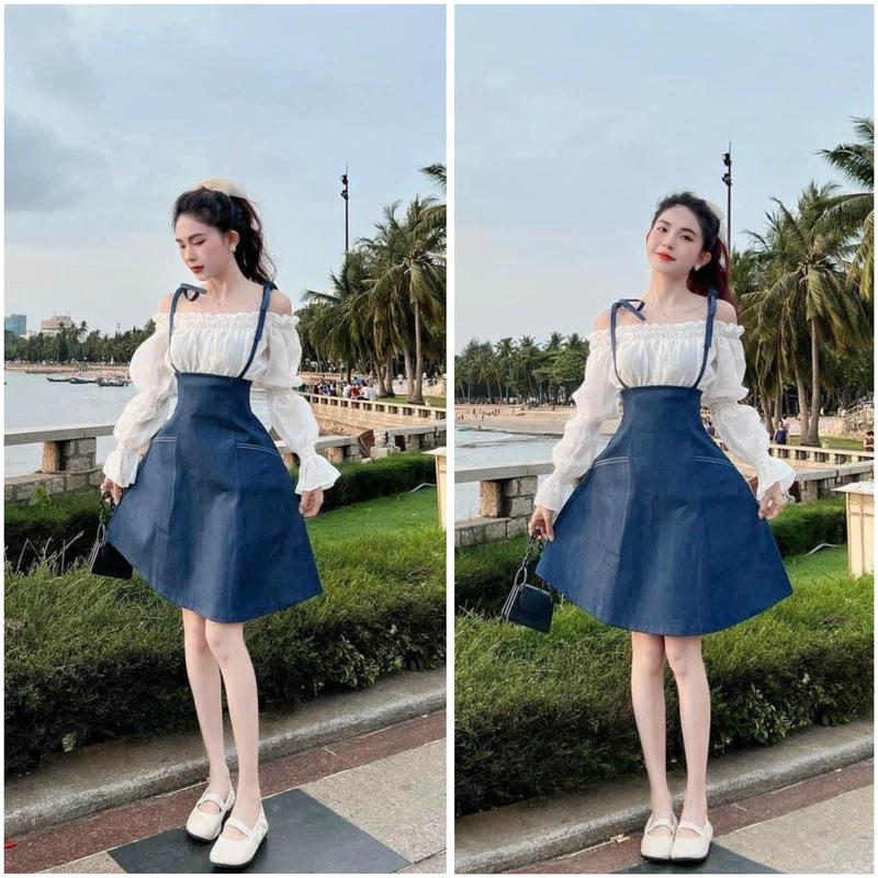Set Áo Bẹt Vai Nhún Bèo Tay Bồng Xinh Xắn Phối Yếm Jean Hai Dây Mini Dáng Ngắn Dễ Thương