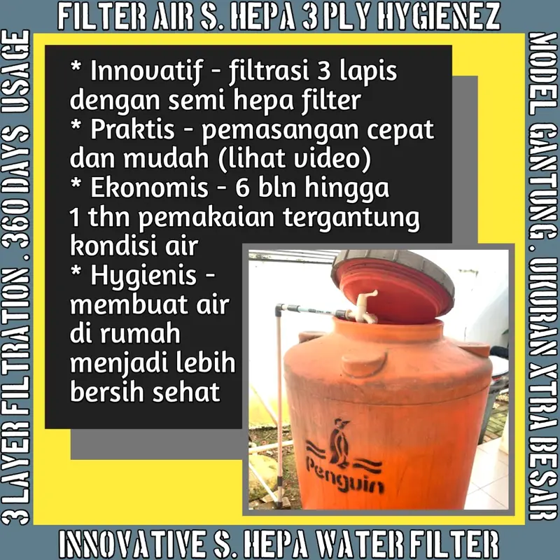 Saringan Tandon Toren Model Tali Gantung XTRA JUMBO Praktis HYGIENEZ Filter Kain 3 Lapis Mikron Semi Hepa Terbaik Kantong Kantung Sambungan Tambahan Keran Pipa Air Kran Kamar Mandi Sumur Bor PDAM Akuarium Ikan Kolam Renang Batu Penyaring Penjernih Alami f 1