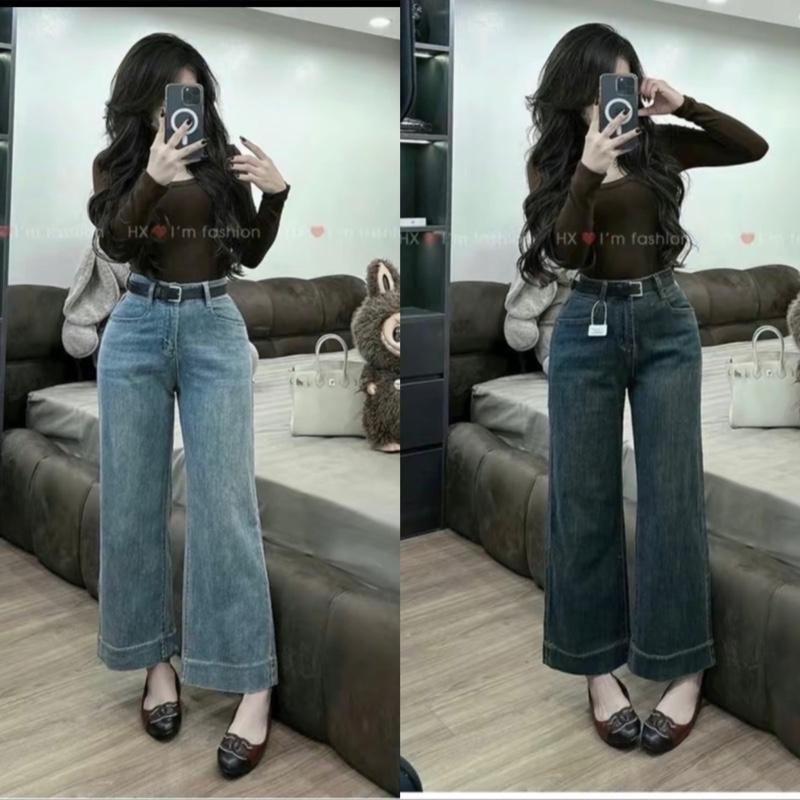  Quần suông jean nữ nấm lùn suông đậm gấu to dài 92-94cm dáng lửng women 
