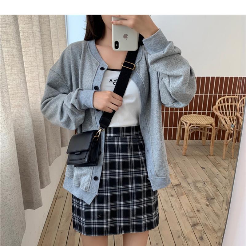 Product Introduction of Half length skirt, women's autumn outfit, new plaid bag buttacks half length skirt, black college style high waist slimming bag buttons A-line short skirt 10