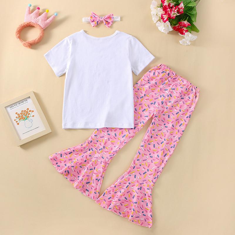 Product Introduction of Kids Girls T-shirt Trousers Set Letter Doughnut Print Short Sleeve Tops and Casual Flare Pants Headband Outfit 41